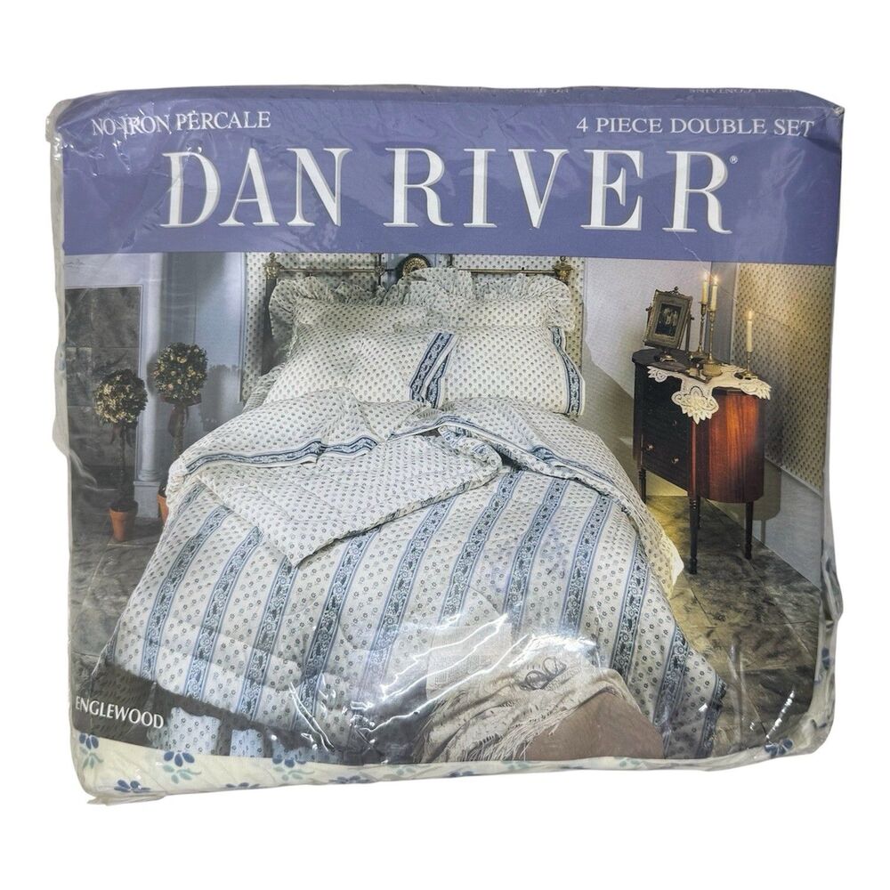 Vtg Dan River Full Double Set Sheets Englewood Blue White